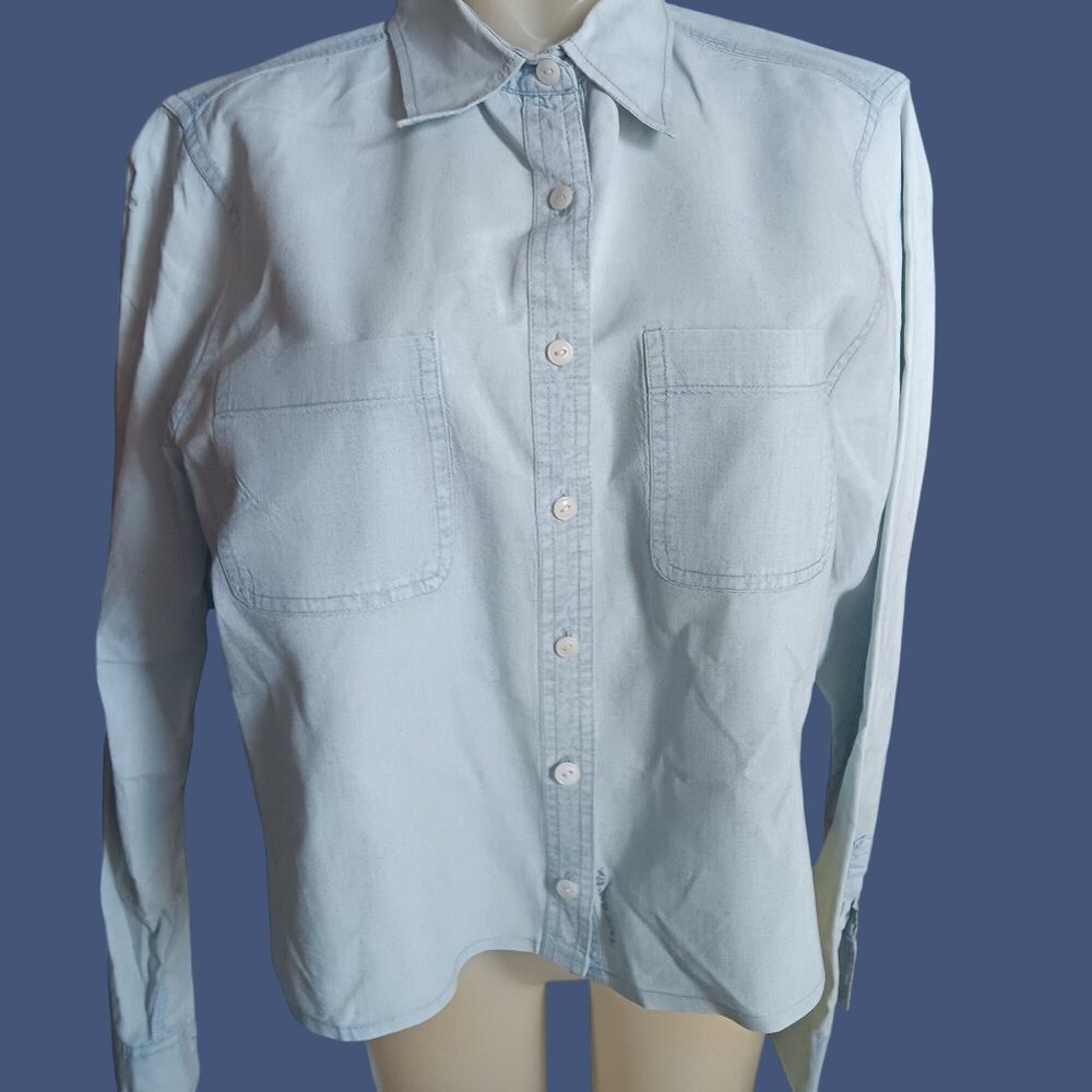 Vintage Women's Chore Shirt Large Crop Lands End Light Blue Denim Button Down